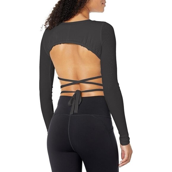ALO Yoga Ribbed Manifest Long Sleeve Top Black Size M Tie Up Open Back Blouse - Picture 2 of 9